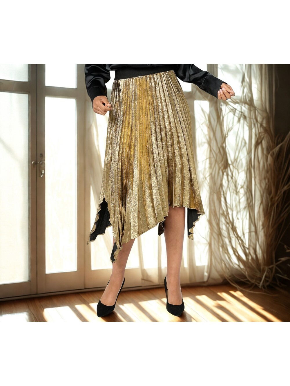 GRAVER Susan Graver Regular Metallic Woven Pleated Skirt Size M